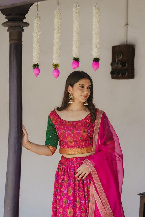 Harshini Pink with Green Croptop Skirt (Set of 3)