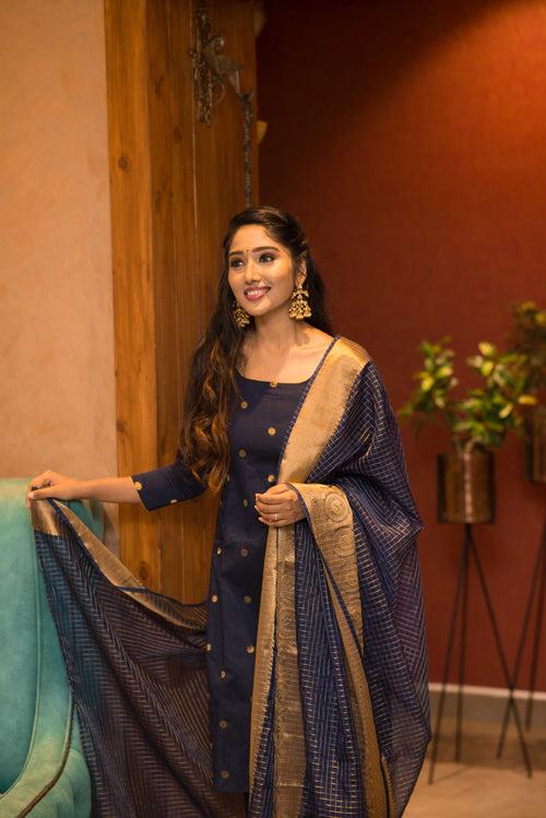 Saatvika Navy Blue Unstitched Set of Top and Dupatta