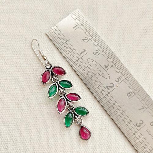 Stone Studded Long Danglers - Green and Pink