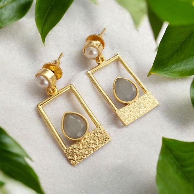 Brass Earrings: Pearl and Grey Stone Combination