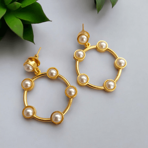 Graceful Loop :Pearl Studded Brass Earring