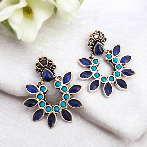 Floral Fiesta : Deep Blue and Turquoise Stone Studded Earring