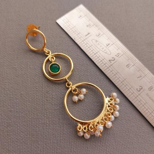 Dangler Earrings: Pearl and Emerald Stone Golden Cascade