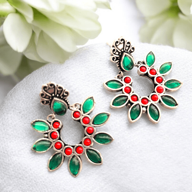 Floral Fiesta : Green and Coral Red Stone Studded Earring