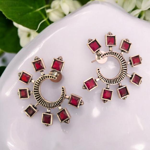 Bohemian Gemstones: Maroon Silver Toned Earrings