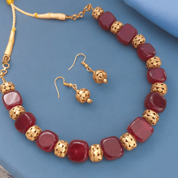 Golden Glow: Red Square Beads Necklace