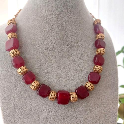 Golden Glow: Red Square Beads Necklace