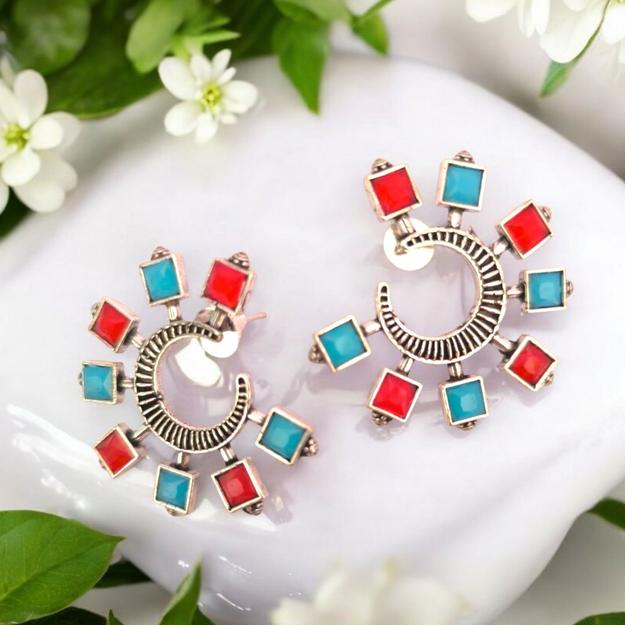 Bohemian Gemstones: Coral Red and Turquoise Silver Toned Earrings