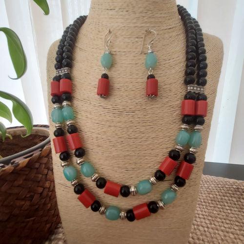 Exquisite Black Beads Corals and Blue Beaded Double Layered Neckset