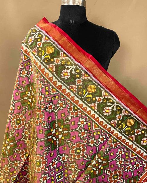 Crimson Red & Pink Navratan Tissue Patola Dupatta