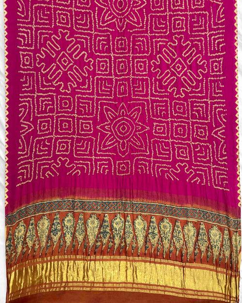 Rust & Pink Gajji Ajrakh Bandhani Dupatta