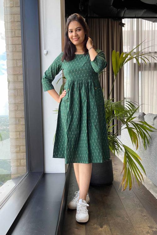 Roohi Ikat Dress-Bottle green