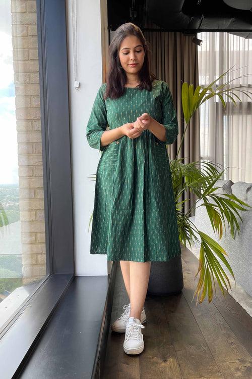 Roohi Ikat Dress-Bottle green