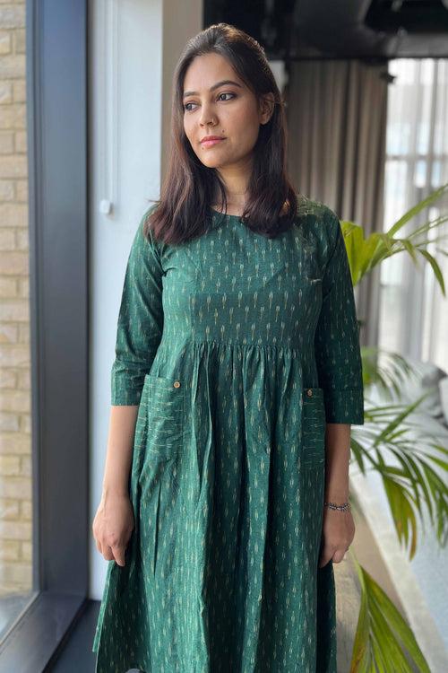 Roohi Ikat Dress-Bottle green