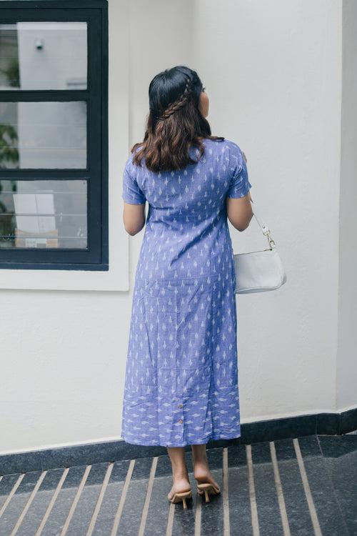 Pastel Blue high-low Ikat dress-XS