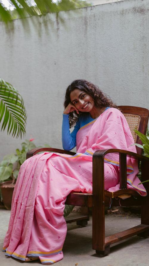 Pink Hearts - Handloom Cotton Jamdani Saree