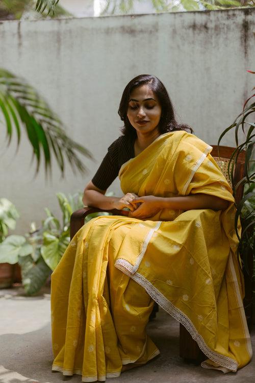 Yellow & White - Handloom Cotton Jamdani Saree