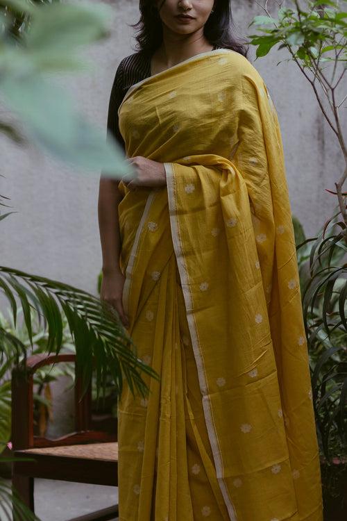 Yellow & White - Handloom Cotton Jamdani Saree