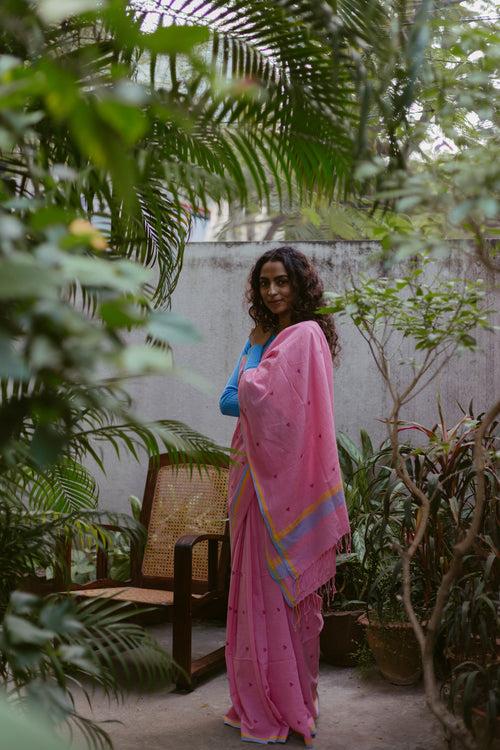 Pink Hearts - Handloom Cotton Jamdani Saree