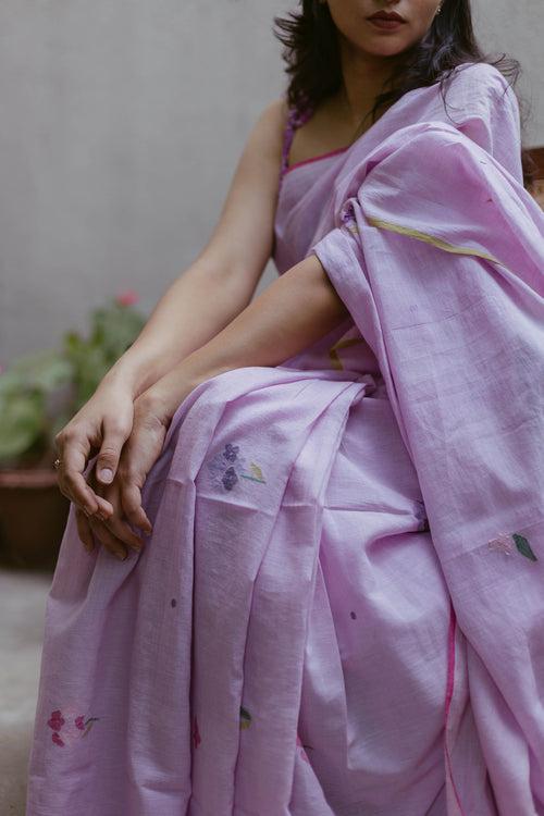 Floral Lavender Beautiful Khadi Jamdani Saree