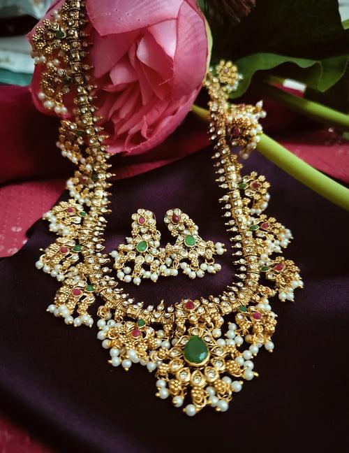 N05007_ Grand classic matte gold polished temple jewelry bridal choker+ long necklace +earrings style crafted gold plated necklace set embellished with stones .