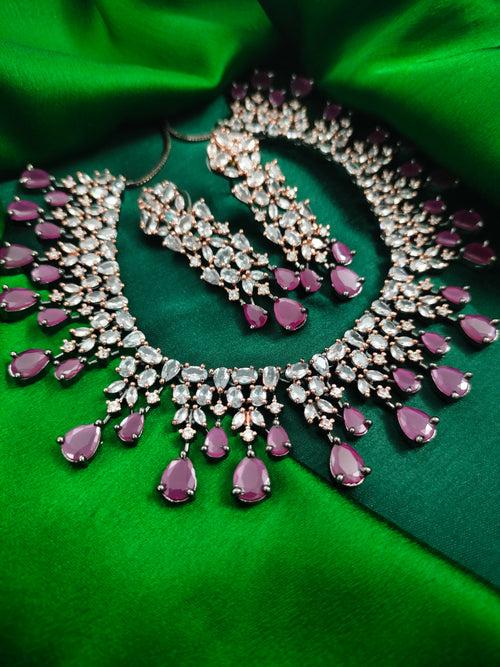 N01153_Grand Lovely designer Rose Gold & Metallic polished choker necklace embellished with American diamond stones with delicate Ruby Pink/ Purple  Stones work.