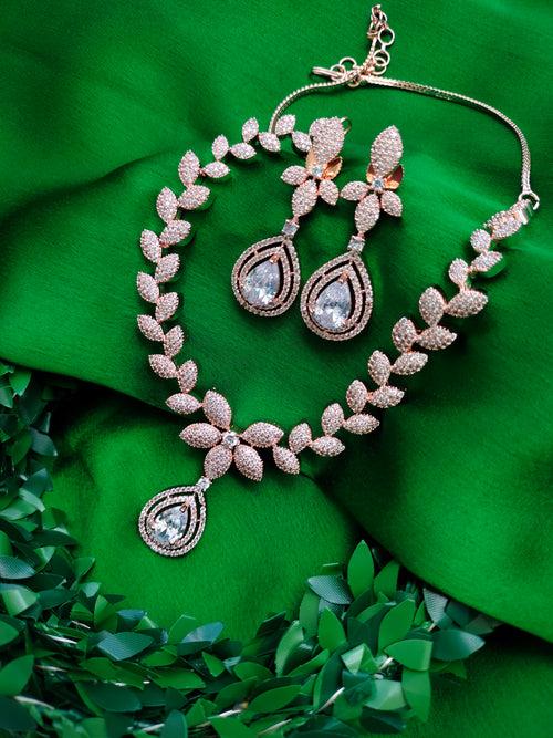 N01170_Grand Lovely designer Rose Gold polished choker Necklace Set  embellished with American diamond stones with delicate white Stones work.