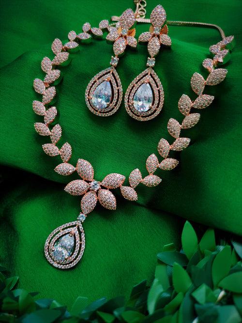 N01170_Grand Lovely designer Rose Gold polished choker Necklace Set  embellished with American diamond stones with delicate white Stones work.