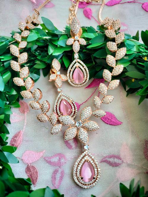 N01169_Grand Lovely designer Rose Gold polished choker Necklace Set  embellished with American diamond stones with delicate Baby Pink Stones work.