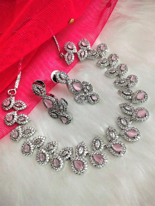 N01186_Grand Lovely designer Silver polished Necklace Set  embellished with American diamond stones with delicate Pink Stones .