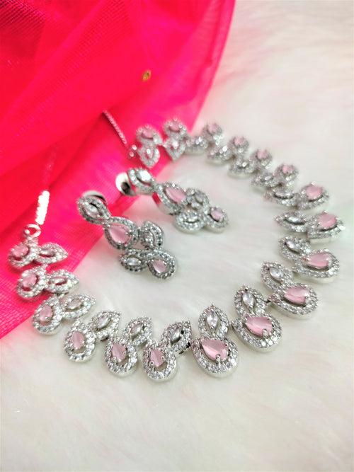 N01186_Grand Lovely designer Silver polished Necklace Set  embellished with American diamond stones with delicate Pink Stones .