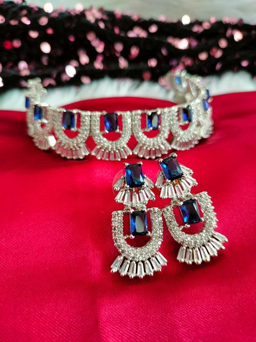 N02001_Classic silver polished choker style crafted design necklace set embellished with  blue stones .