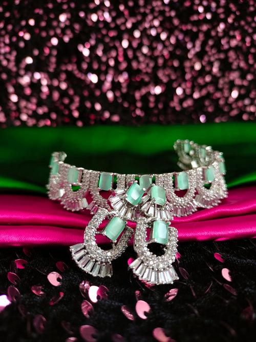 N02011_Gorgeous  designer silver polished American diamond embellished choker necklace set with a touch of Mint Green & white stones.