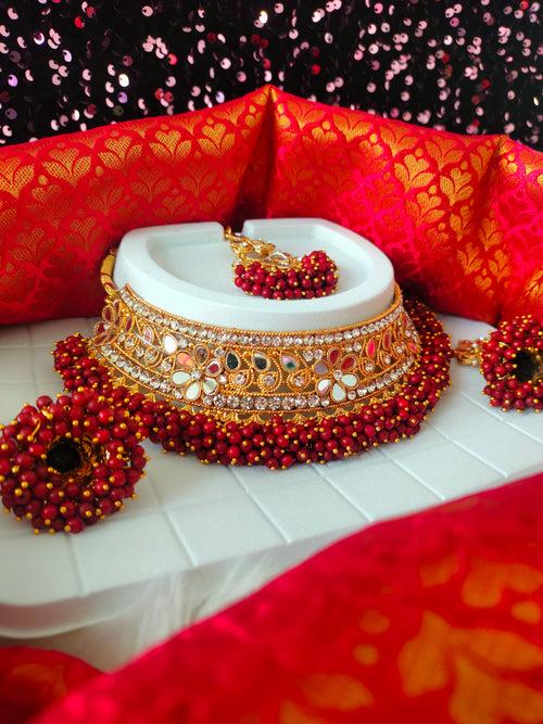 N03048_Bridal Maroon Gorgeous designer gold polished mirror work embellished necklace set with one short & one long designer necklace set, grand earring and maangtika