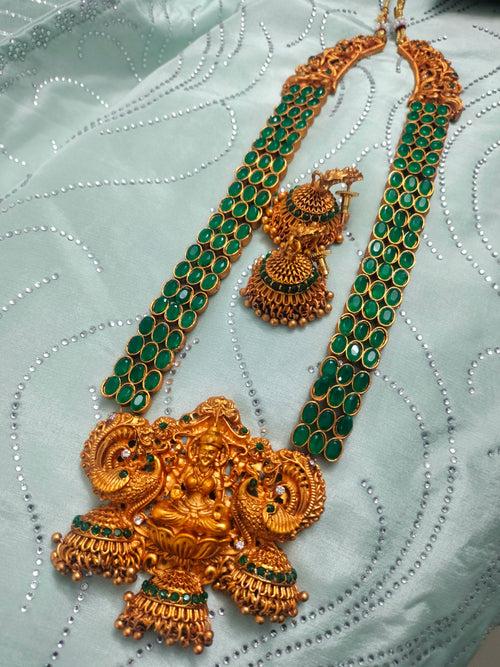 N03074_ Grand classic matte gold polished temple jewelry Long Haram & grand choker crafted design gold plated necklace set embellished with green stones .