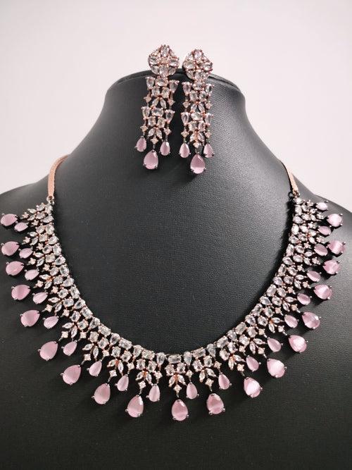 N01152_Grand Lovely designer Rose Gold & Metallic polished choker necklace embellished with American diamond stones with delicate Baby Pink Stones work.