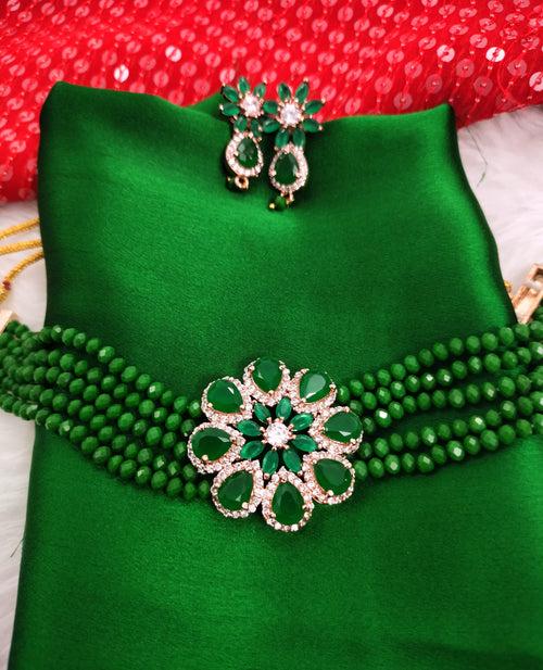 N02029_Classic designer Leafy Green pearl crystal Grand Flower shaped pendant choker necklace set studded  with  American diamond stones.