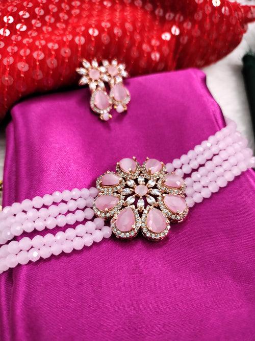 N02025_Classic designer Baby Pink pearl crystal Grand Flower shaped pendant choker necklace set studded  with  American diamond stones.