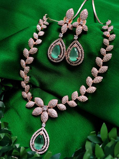 N01168_Grand Lovely designer Rose Gold polished choker Necklace Set  embellished with American diamond stones with delicate Mint Green Stones work.