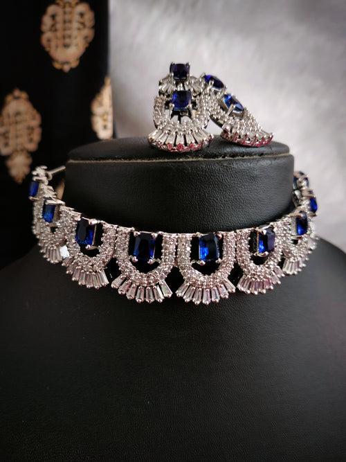 N02001_Classic silver polished choker style crafted design necklace set embellished with  blue stones .