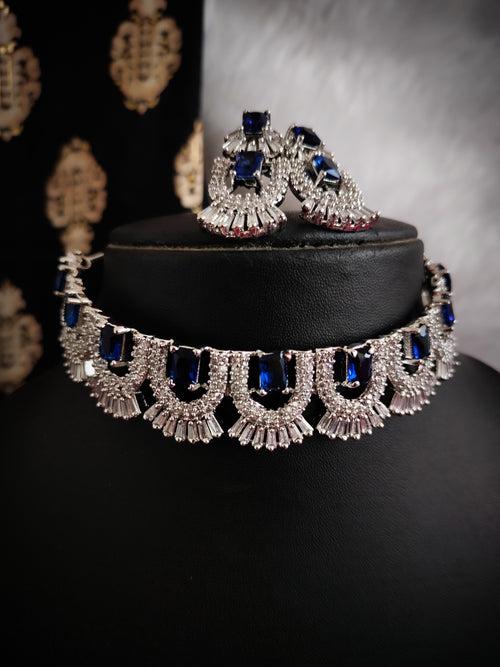 N02001_Classic silver polished choker style crafted design necklace set embellished with  blue stones .