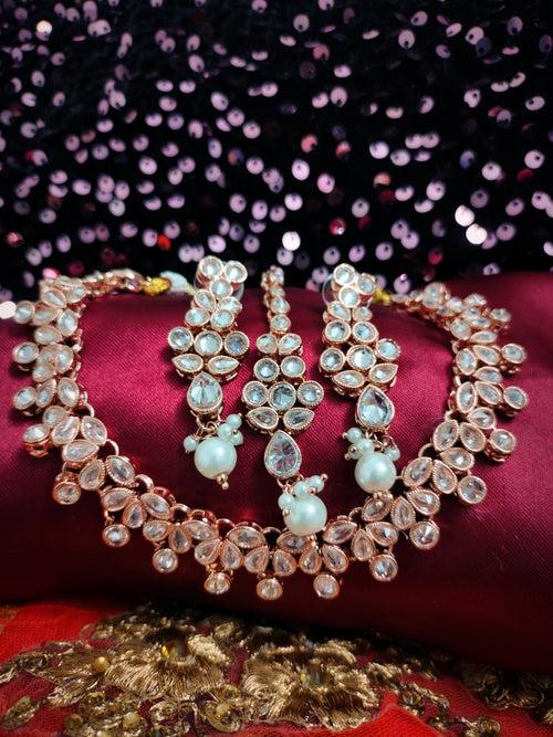 N03014_Lovely designer Rose polished choker necklace embellished with American diamond stones with delicate white stone work.