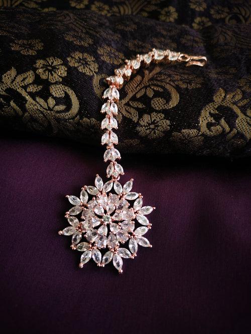 M048_Lovely designer  American diamond studded rose gold polished Maang tika with a touch of white stones.