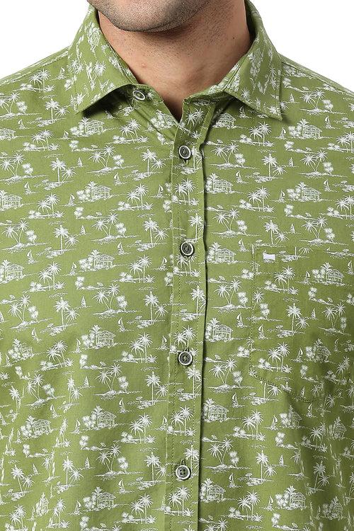 Slim Fit Cotton Poplin Printed Halfsleeves Shirt