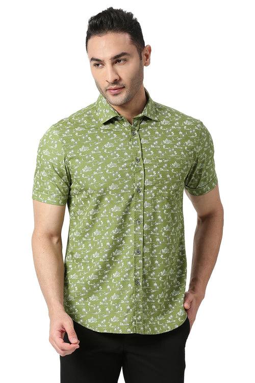 Slim Fit Cotton Poplin Printed Halfsleeves Shirt