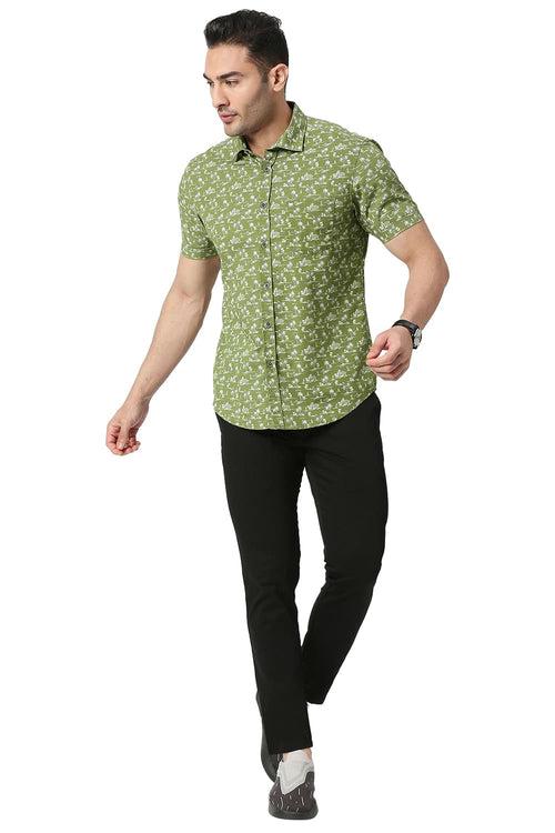 Slim Fit Cotton Poplin Printed Halfsleeves Shirt