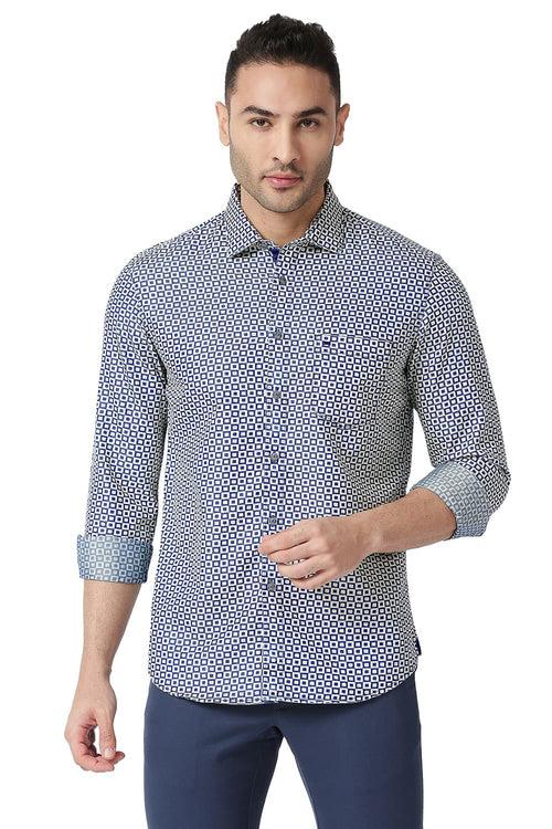 Basics Slim Fit Cotton Polyester Indigo Printed Shirt