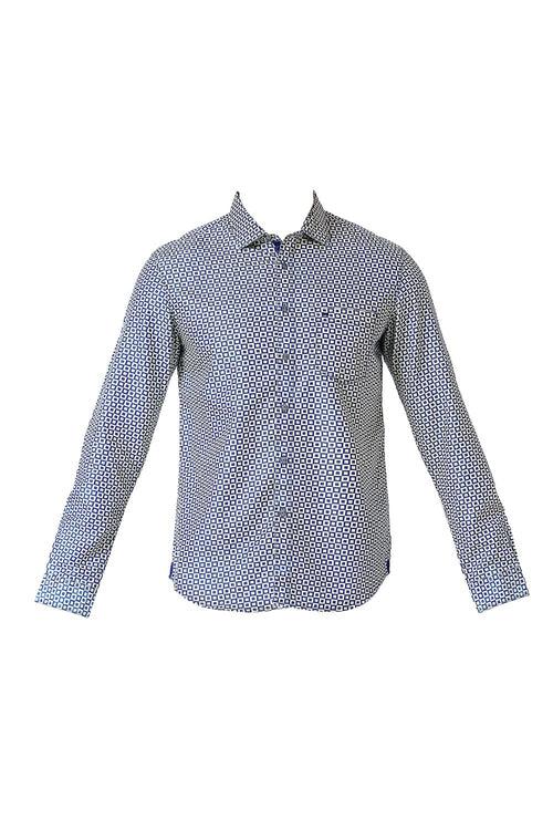 Basics Slim Fit Cotton Polyester Indigo Printed Shirt