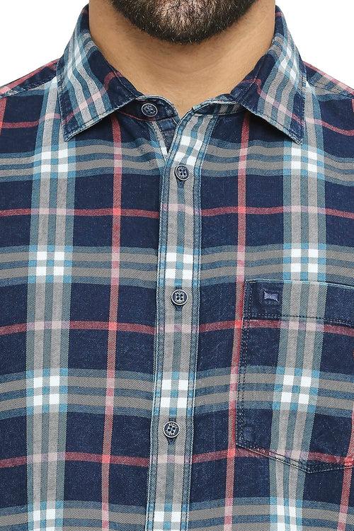 Slim Fit Cotton Indigo Twill Checks Halfsleeves Shirt