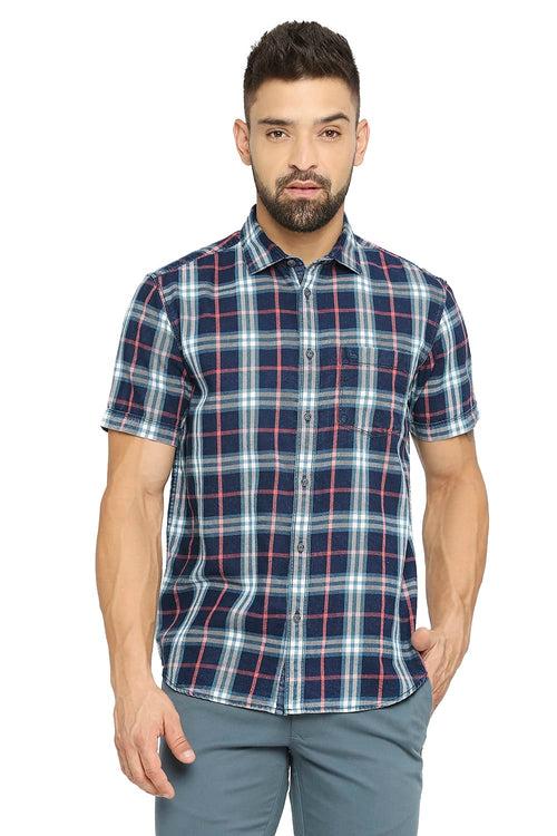 Slim Fit Cotton Indigo Twill Checks Halfsleeves Shirt